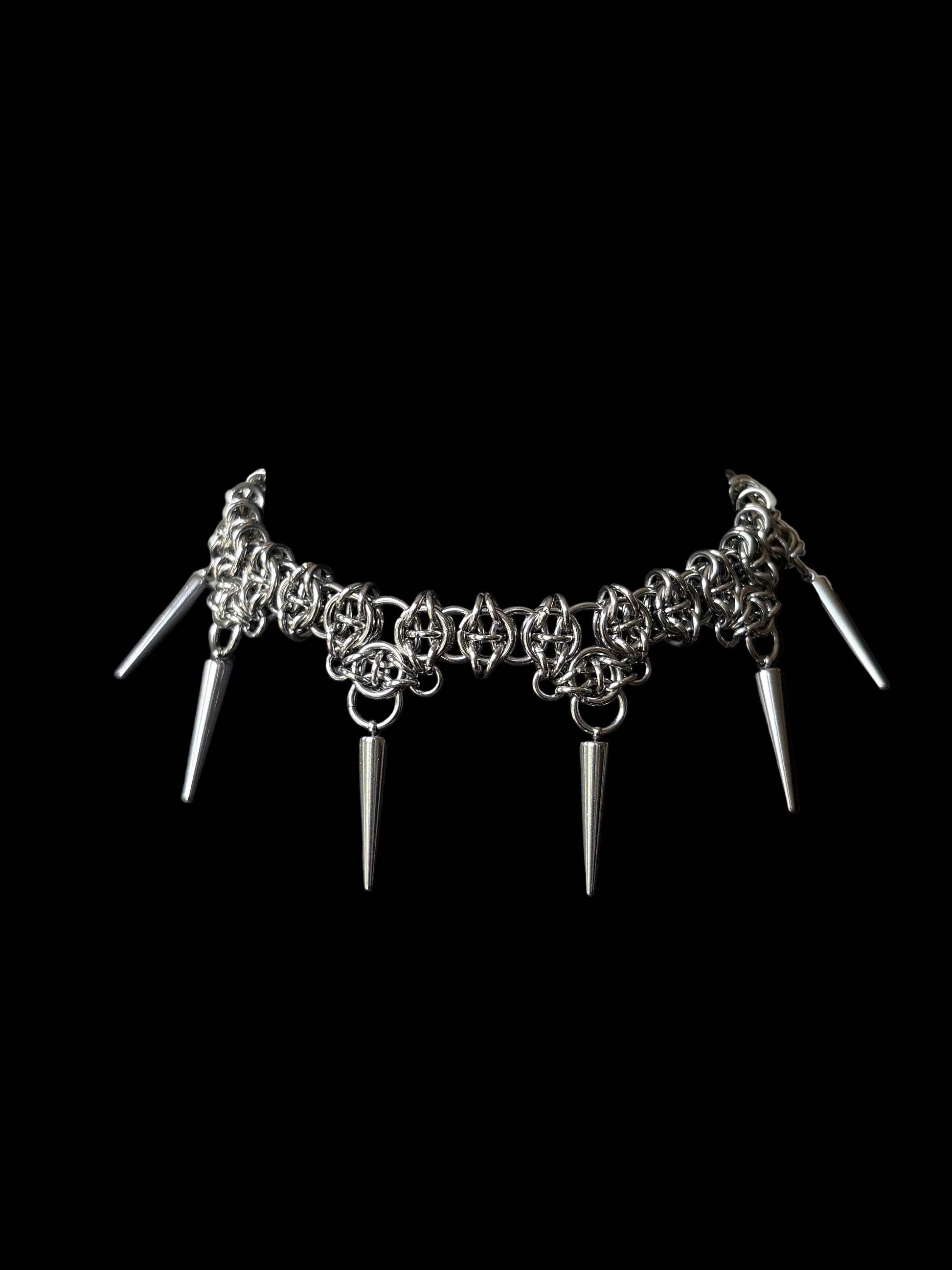 A stainless steel gothic chainmail choker necklace with spikes
